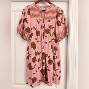 Pink Knox Rose Floral Tassel Dress Sz Small Puff Sleeve Pockets Boho Cottagecore